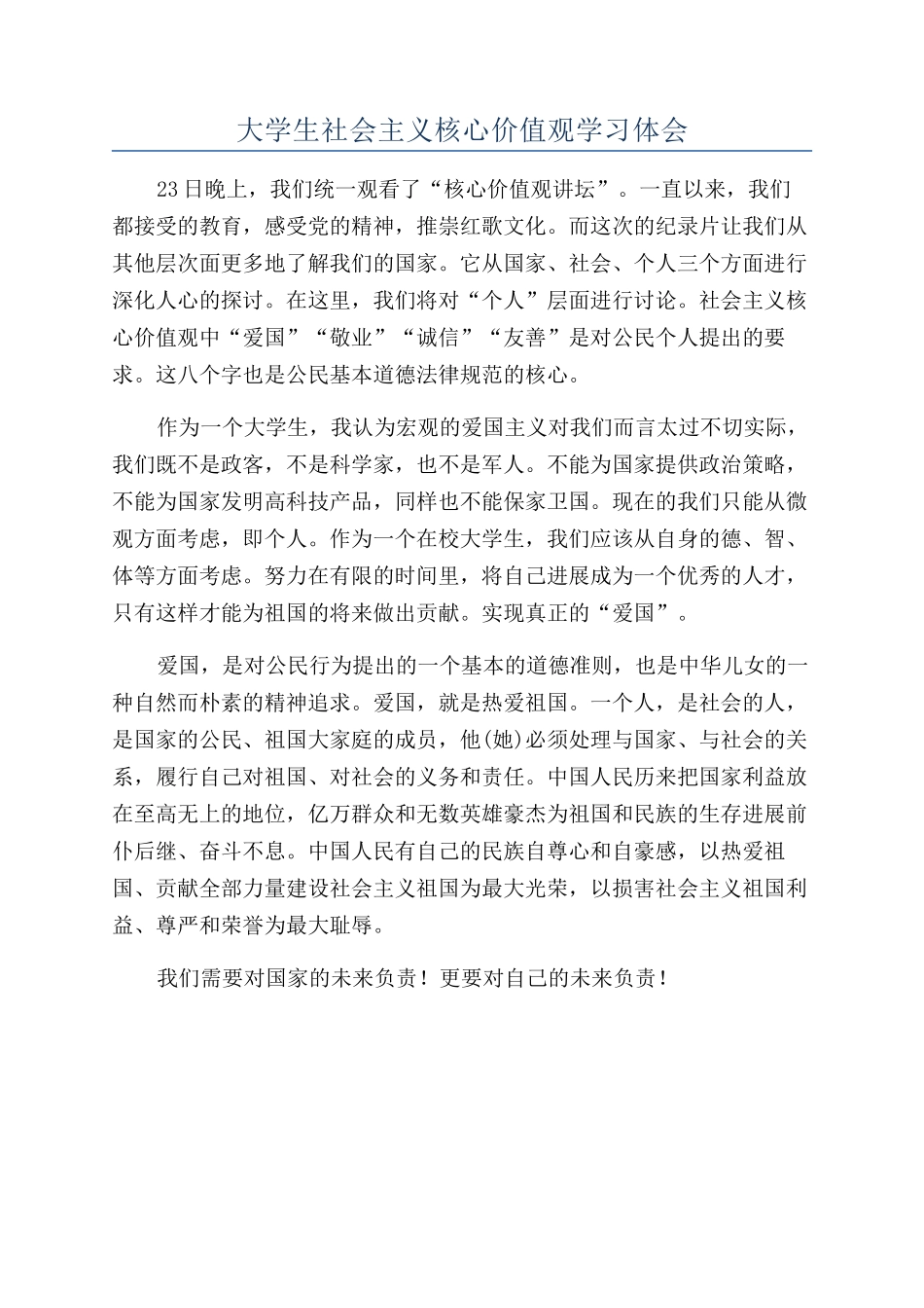 大学生社会主义核心价值观学习体会_第1页