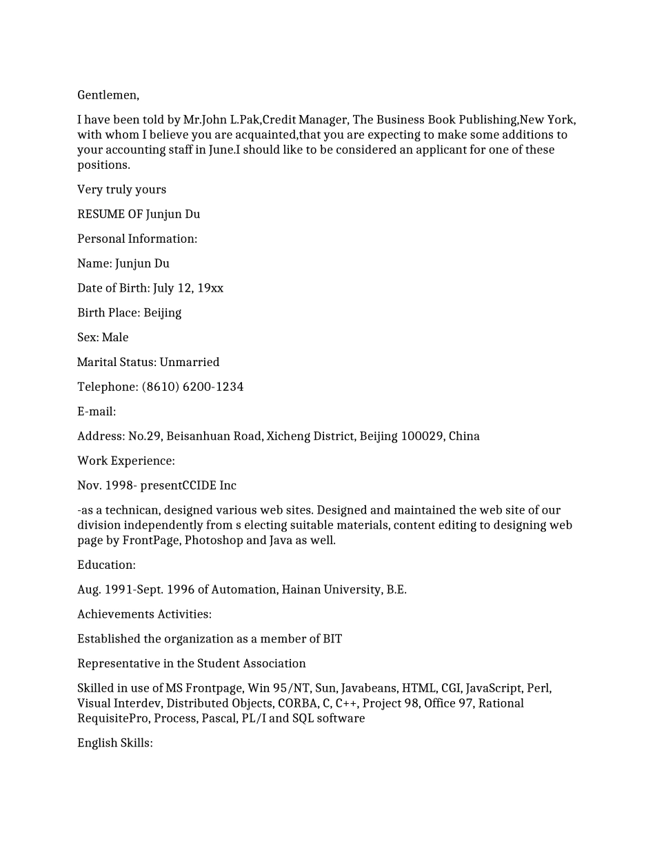 大学生英文求职简历_第1页