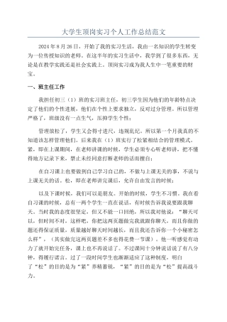 大学生顶岗实习个人工作总结范文