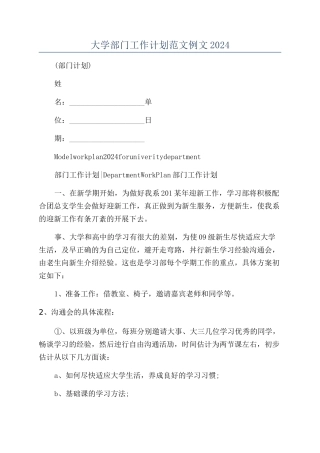 大学部门工作计划范文例文2024