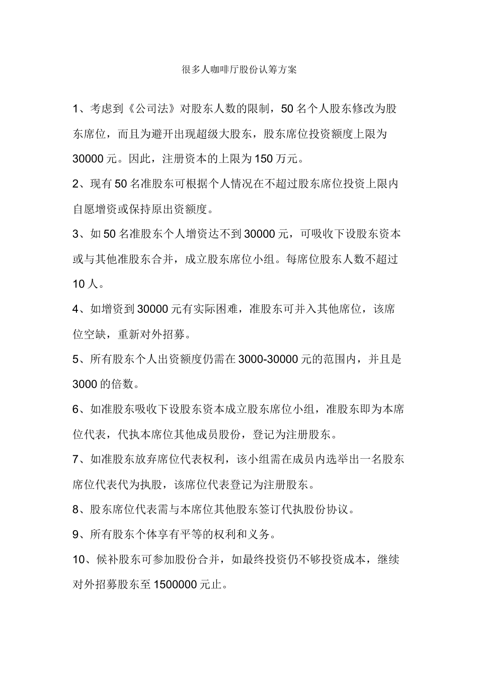 大连很多人咖啡股份认筹方案_第1页