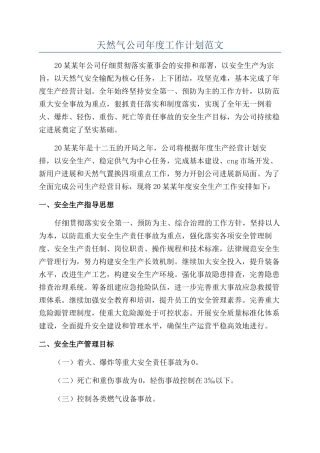 天然气公司年度工作计划范文