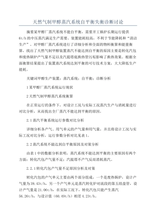 天然气制甲醇蒸汽系统自平衡失衡诊断研究