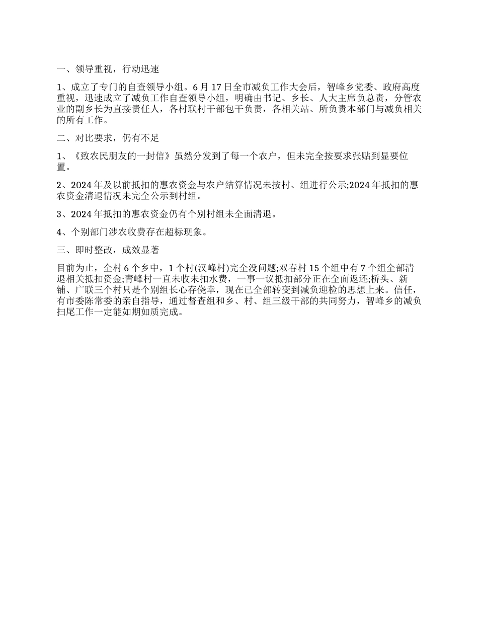 妇联驻联点乡参与农民减负工作督查情况汇报_第1页