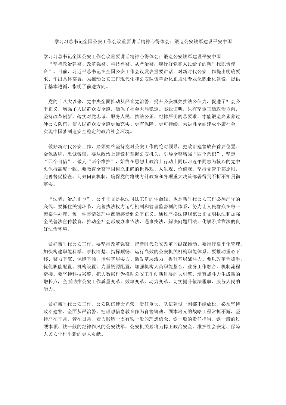 学习习总书记全国公安工作会议重要讲话精神心得体会锻造公安铁军建设平安中国_第1页