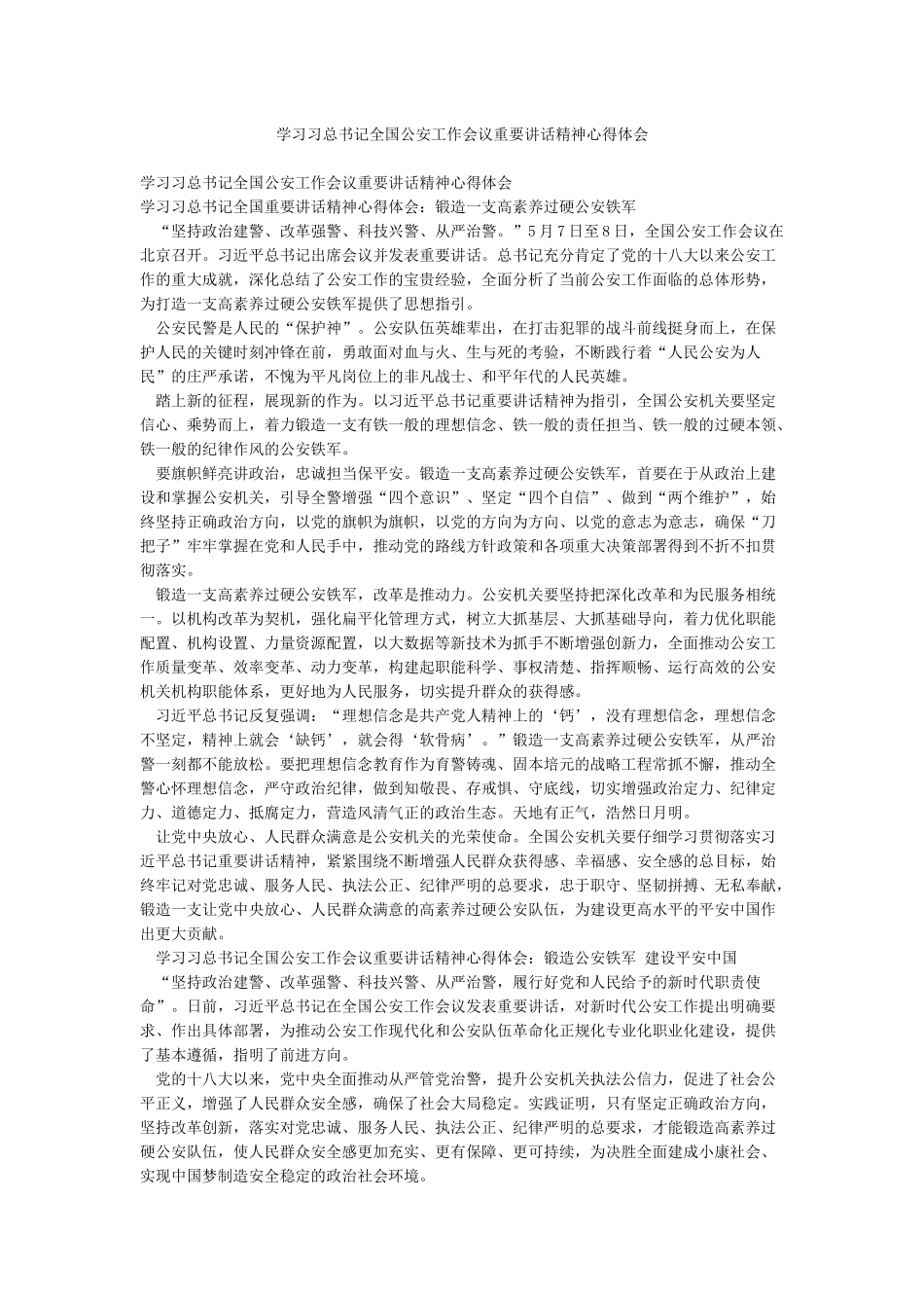 学习习总书记全国公安工作会议重要讲话精神心得体会_第1页