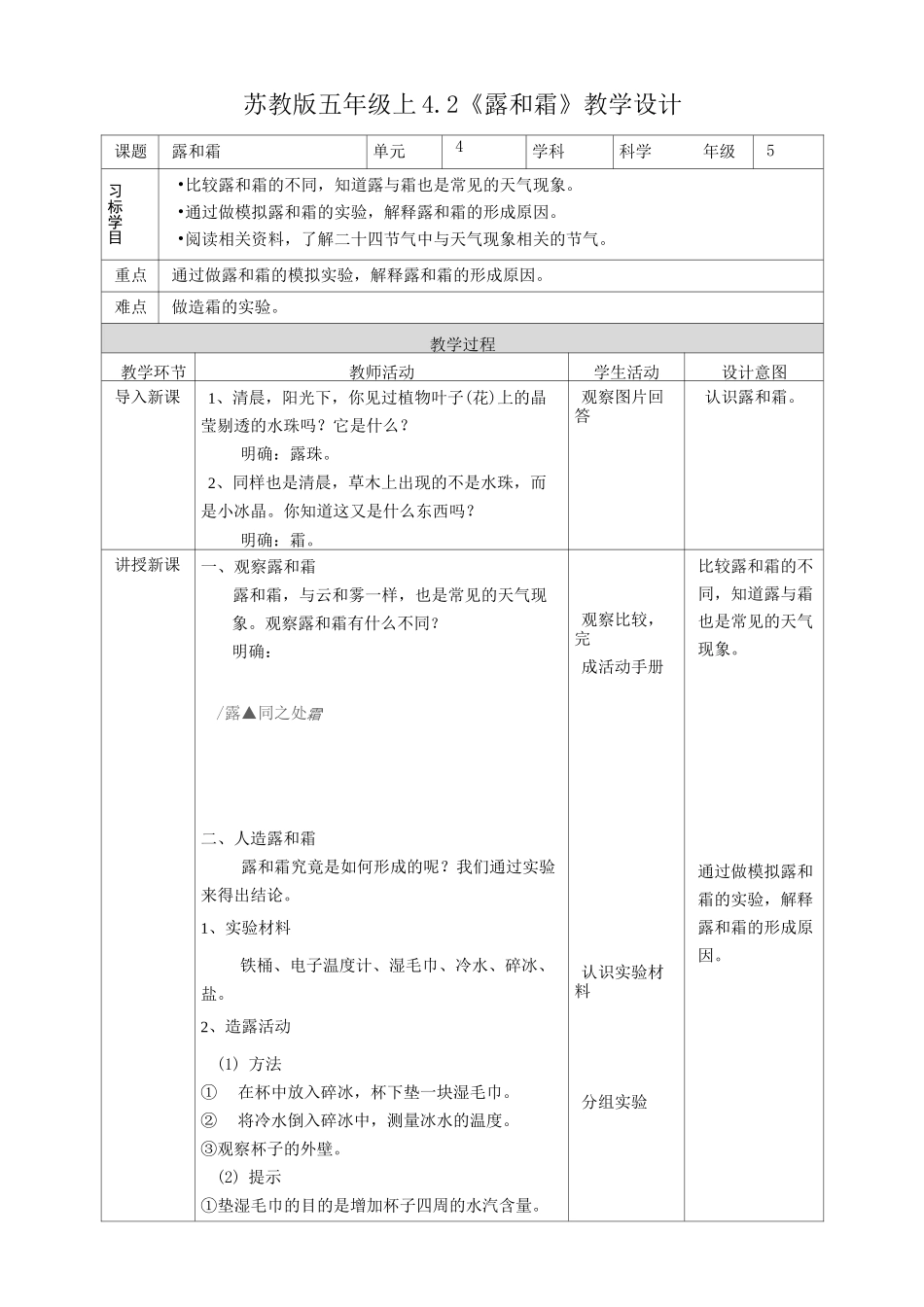 (2021秋)苏教版五年级科学上册《露和霜》教案_第1页