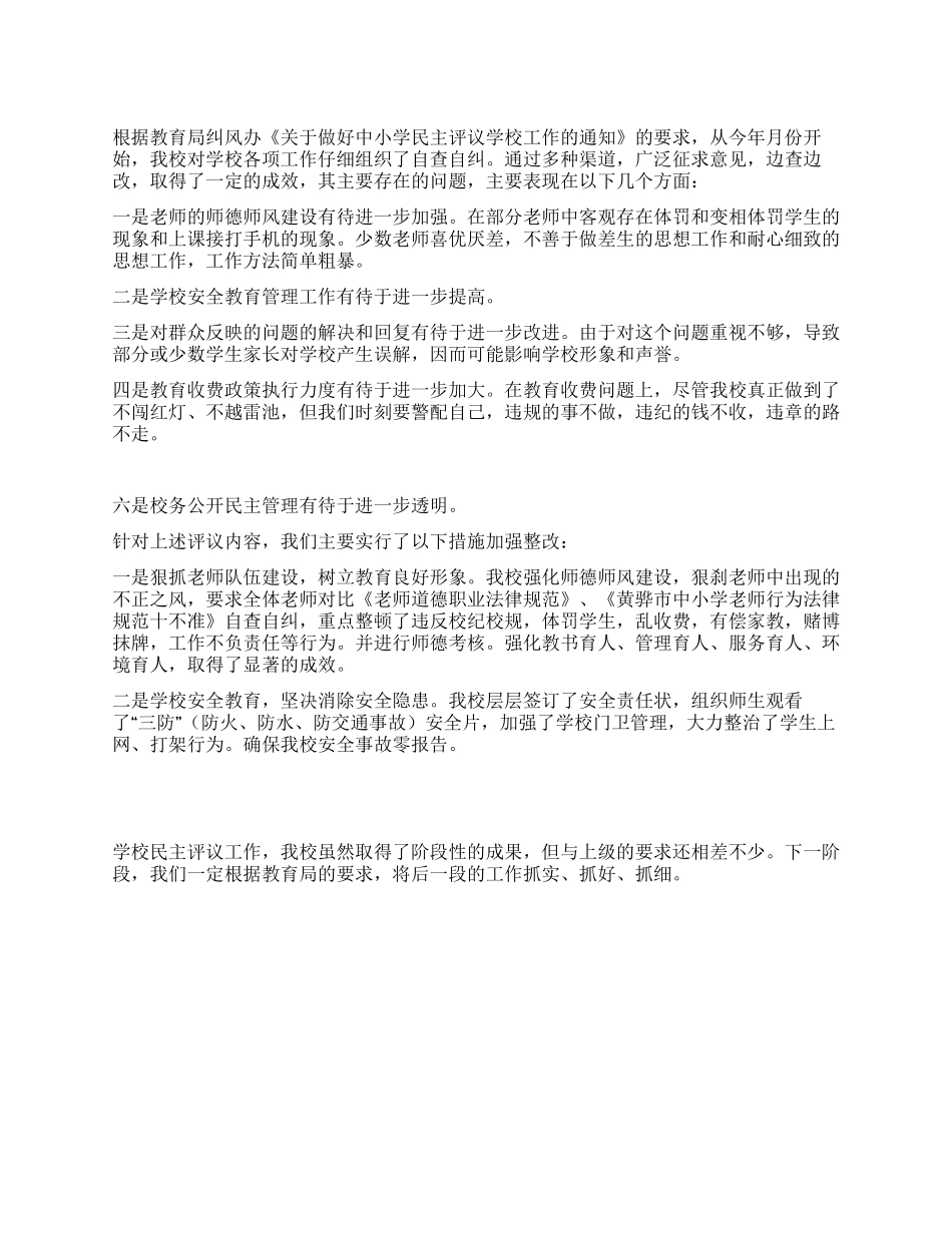 学校民主评议工作自查整改报告_第1页