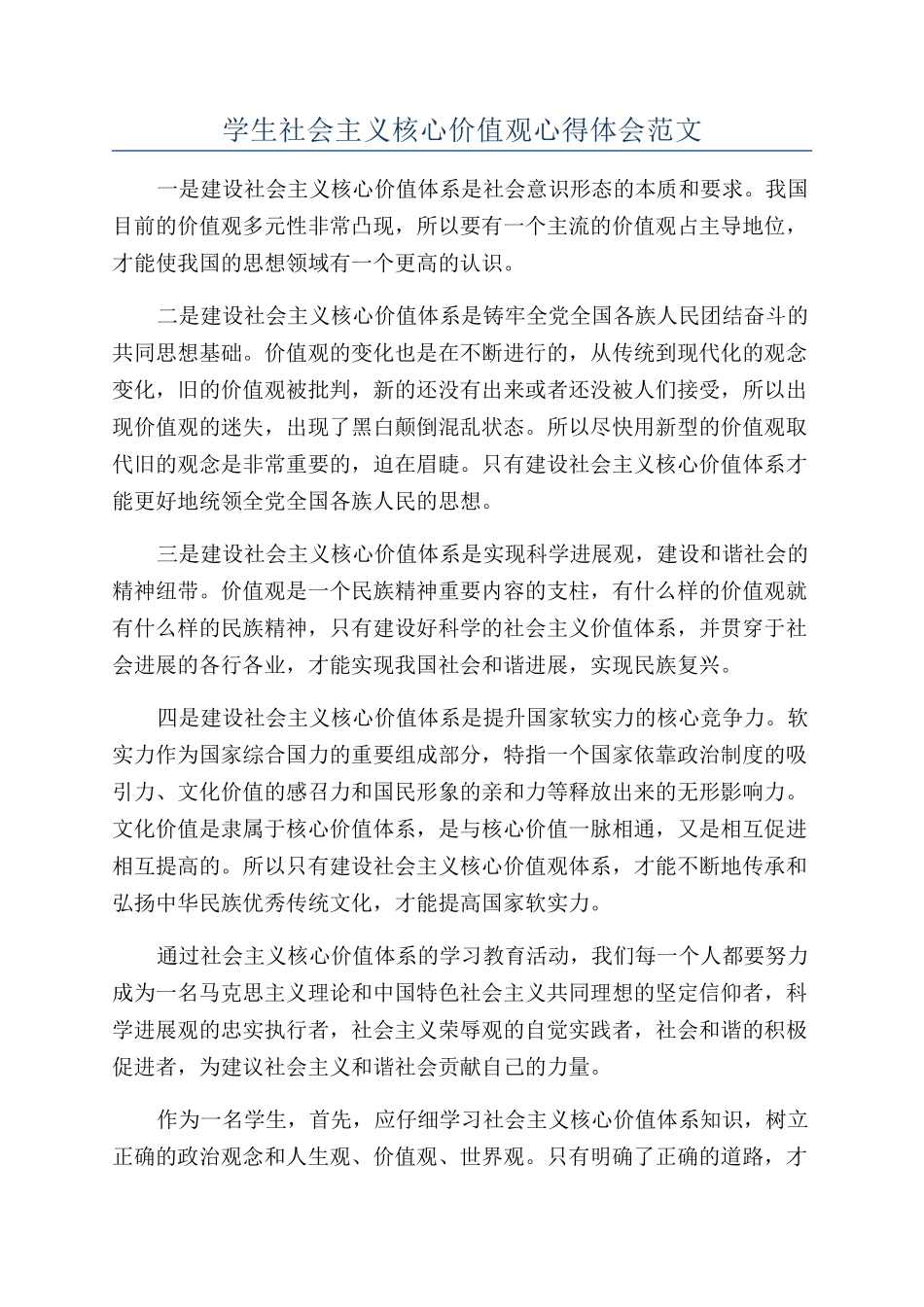 学生社会主义核心价值观心得体会范文_第1页