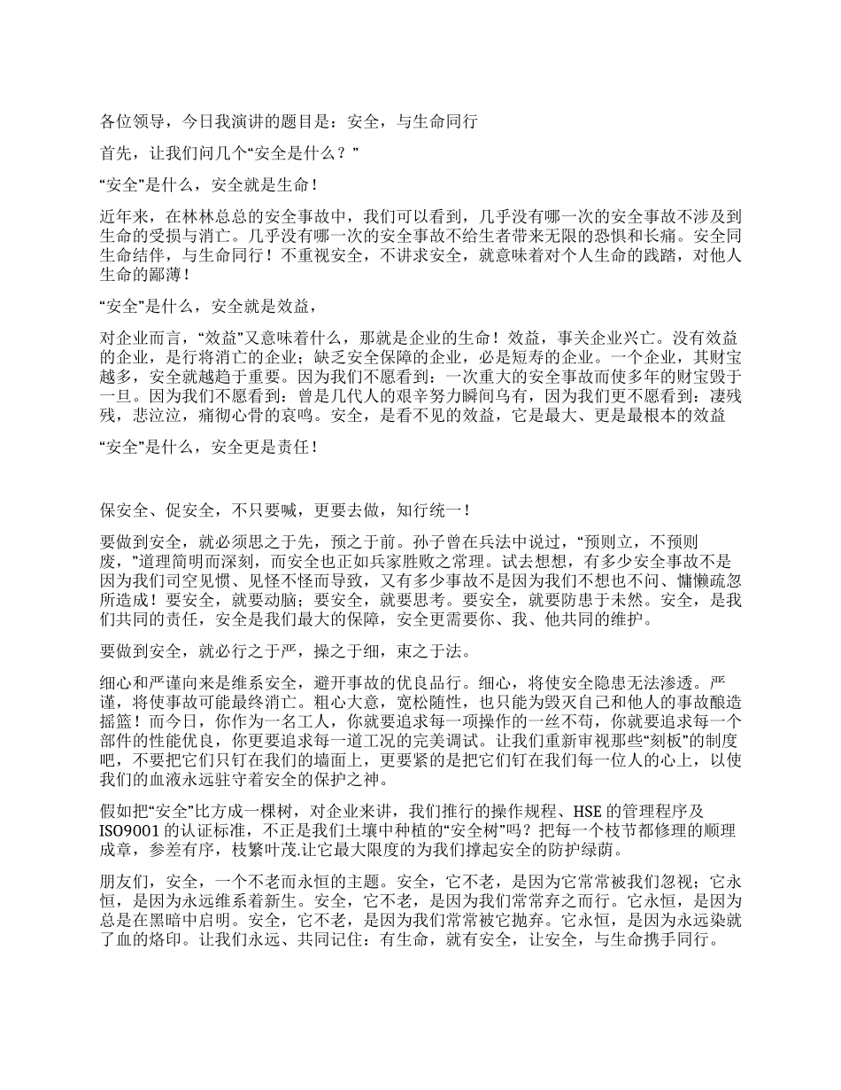 安全与生命同行演讲稿_第1页