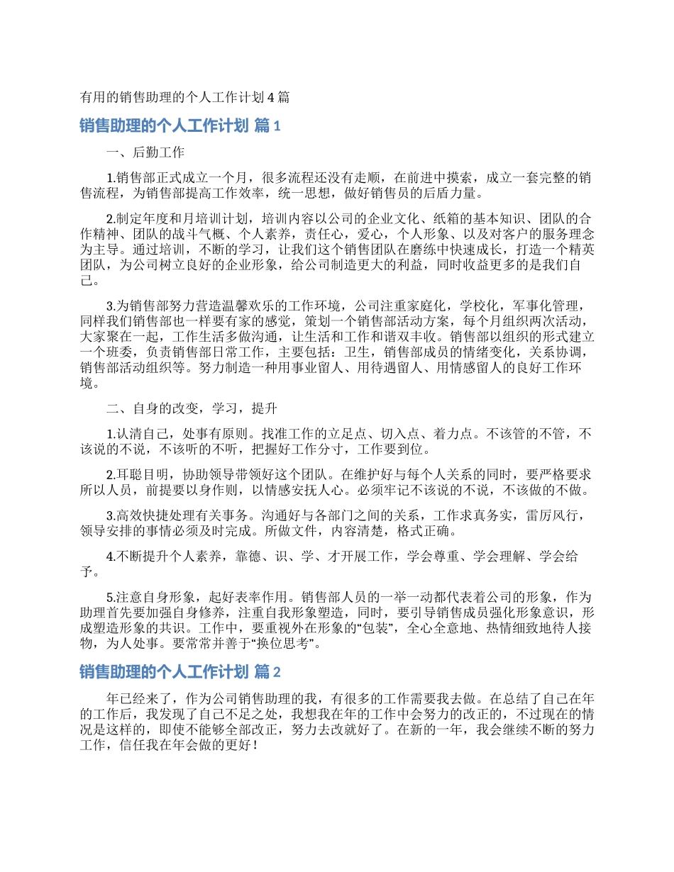 实用的销售助理的个人工作计划4篇_第1页