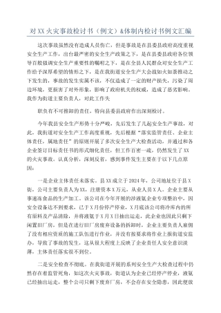 对XX火灾事故检讨书（例文）&体制内检讨书例文汇编