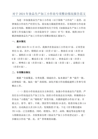 对于2024年食品生产加工小作坊专项整治情况报告范文