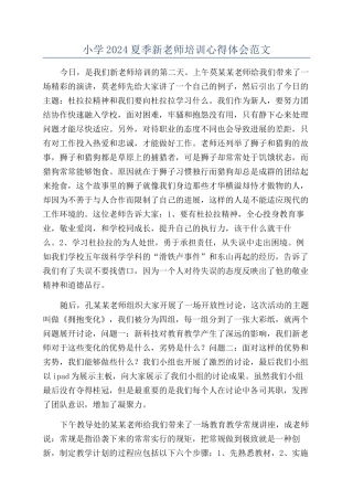 小学2024夏季新教师培训心得体会范文