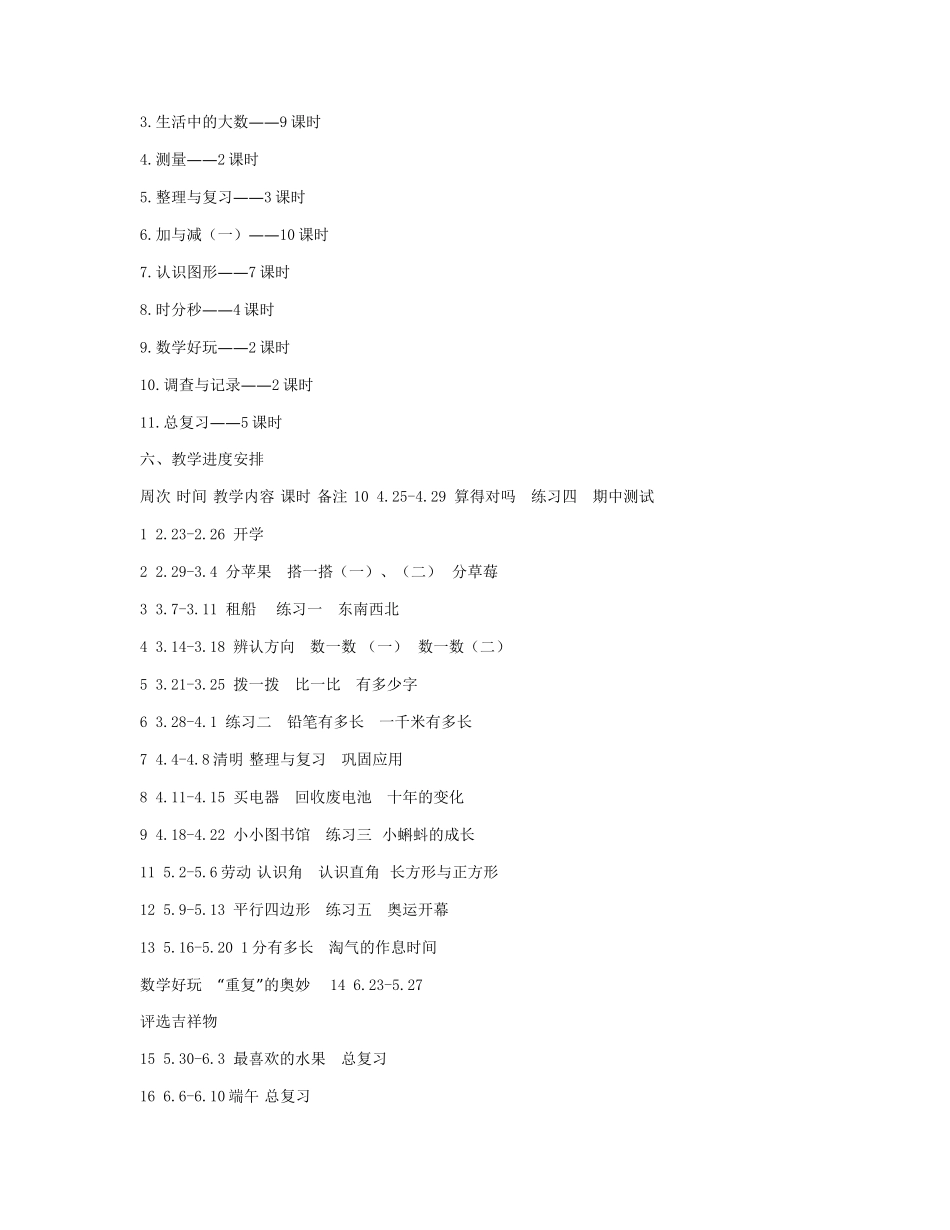 (完整版)新北师大版二年级数学下册教学计划及进度表_第3页