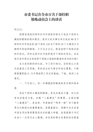 市委书记在全市百名干部挂职锻炼动员会上的讲话