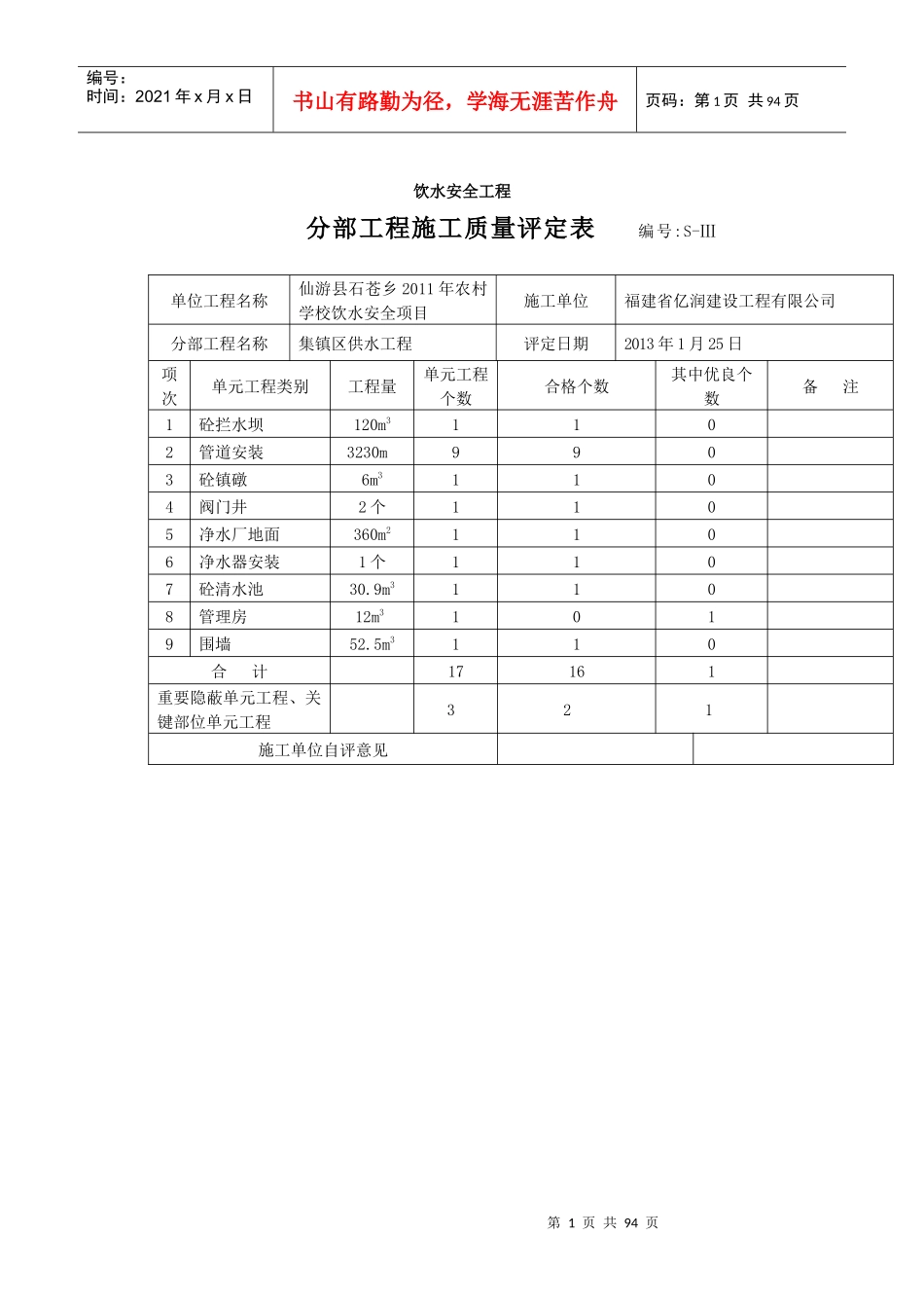 饮水安全工程施工质量评定表(集镇区评定)_第1页