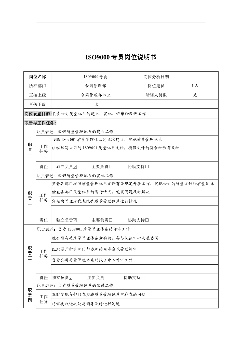 ISO9000专员岗位说明书_第1页