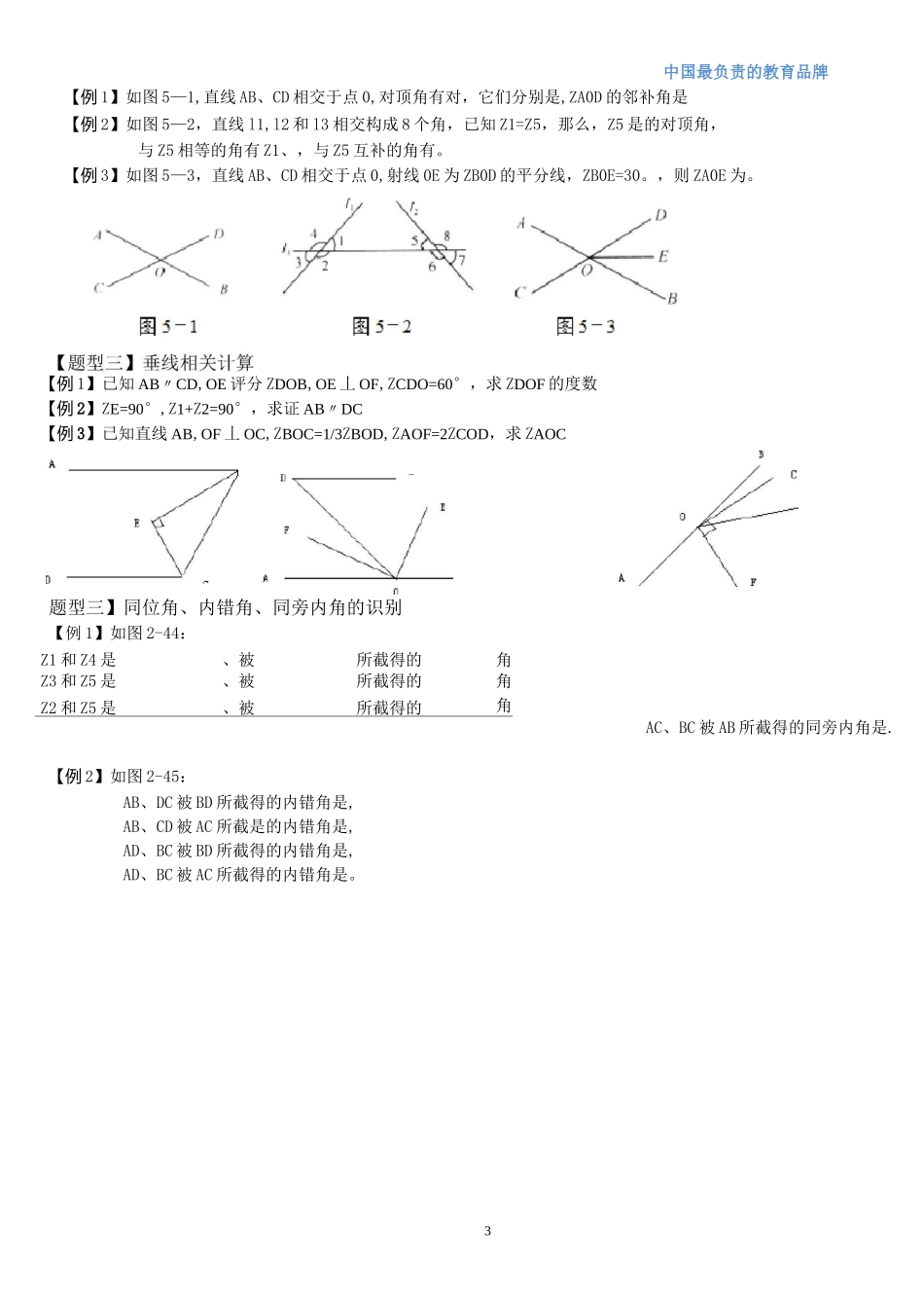 初一下册--第五章相交线与平行线-典型例题讲解_第3页