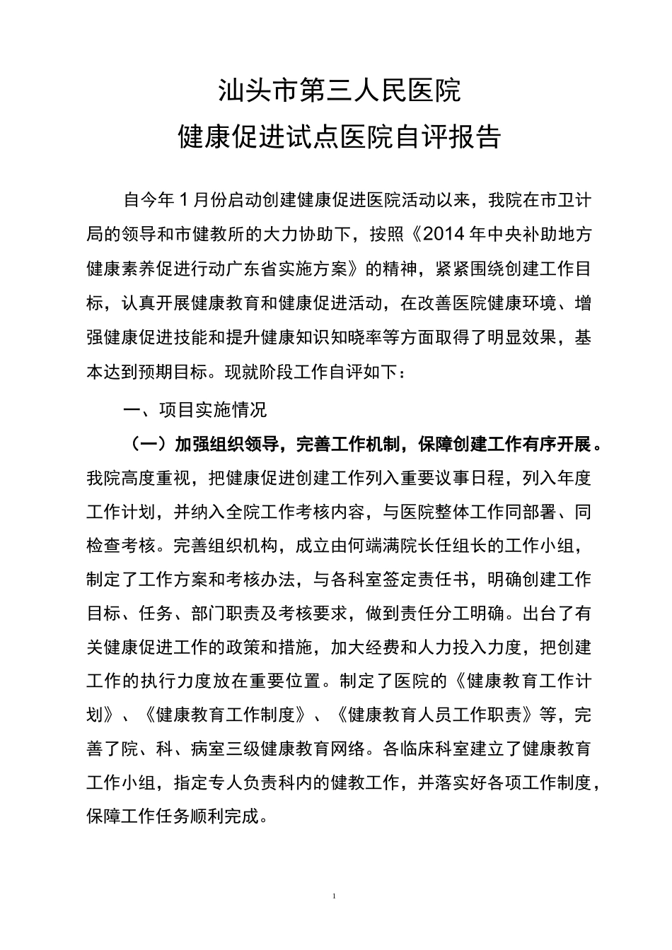 我院健康促进试点医院自评报告_第1页