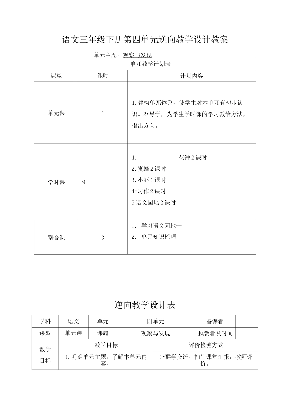 语文三年级下册第四单元逆向教学设计 教案_第1页