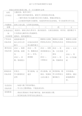 翁下小学学前班周工作计划表