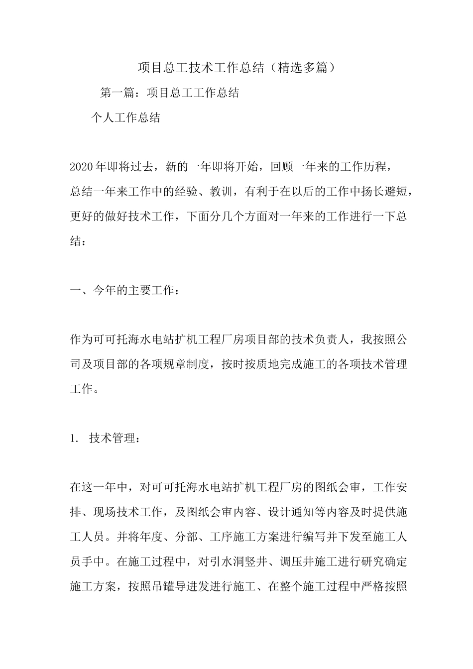 最新项目总工技术工作总结(精选多篇)_第1页