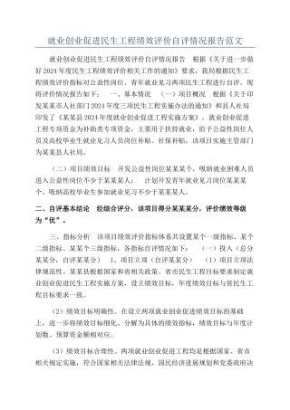 就业创业促进民生工程绩效评价自评情况报告范文