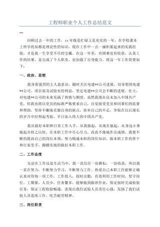 工程师职业个人工作总结范文