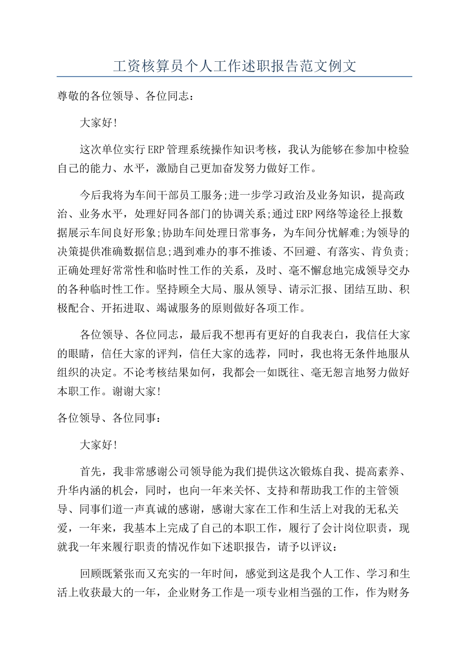工资核算员个人工作述职报告范文例文_第1页