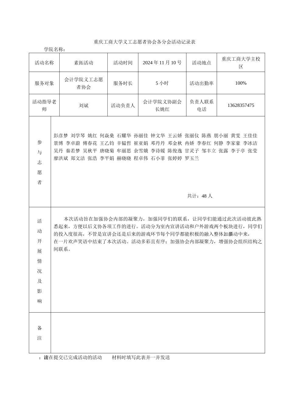 已完成活动记录表(素拓活动)_第1页