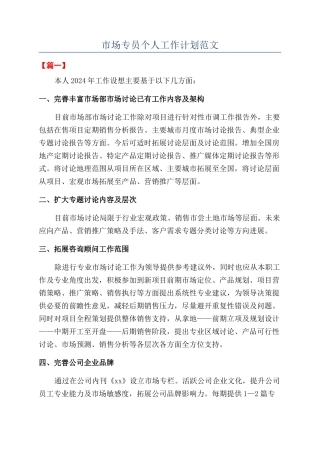 市场专员个人工作计划范文
