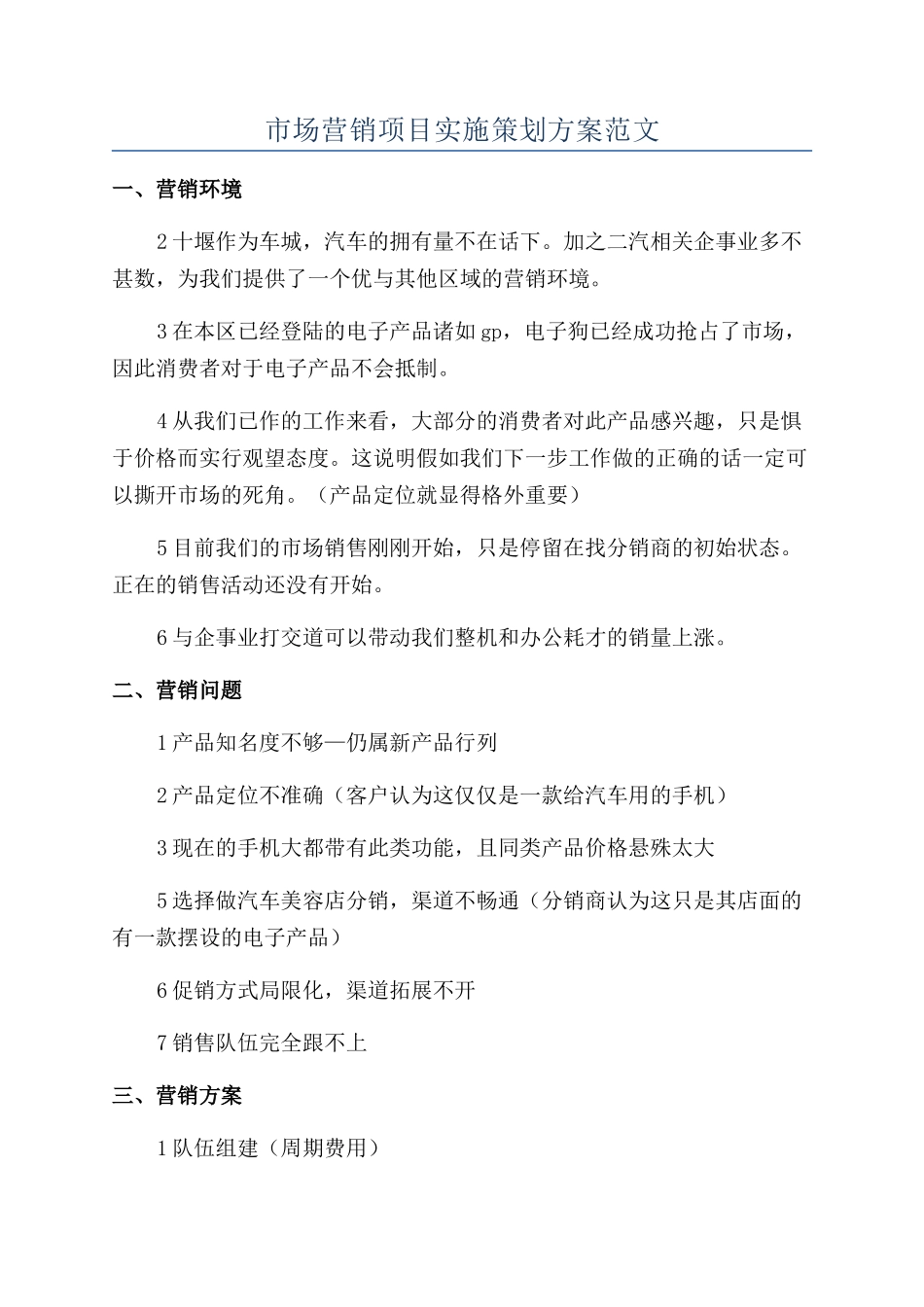 市场营销项目实施策划方案范文_第1页