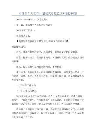 市场部个人工作计划范文总结范文