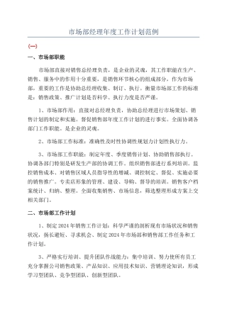 市场部经理年度工作计划范例