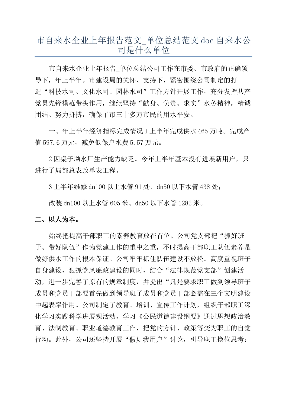 市自来水企业上年报告范文-单位总结范文doc自来水公司是什么单位_第1页
