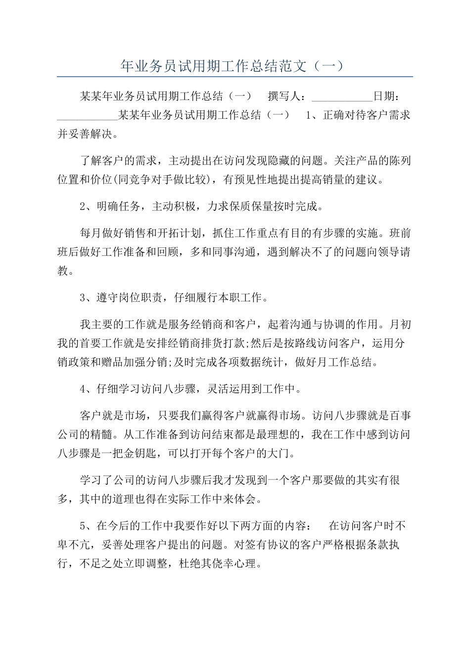 年业务员试用期工作总结范文（一）_第1页