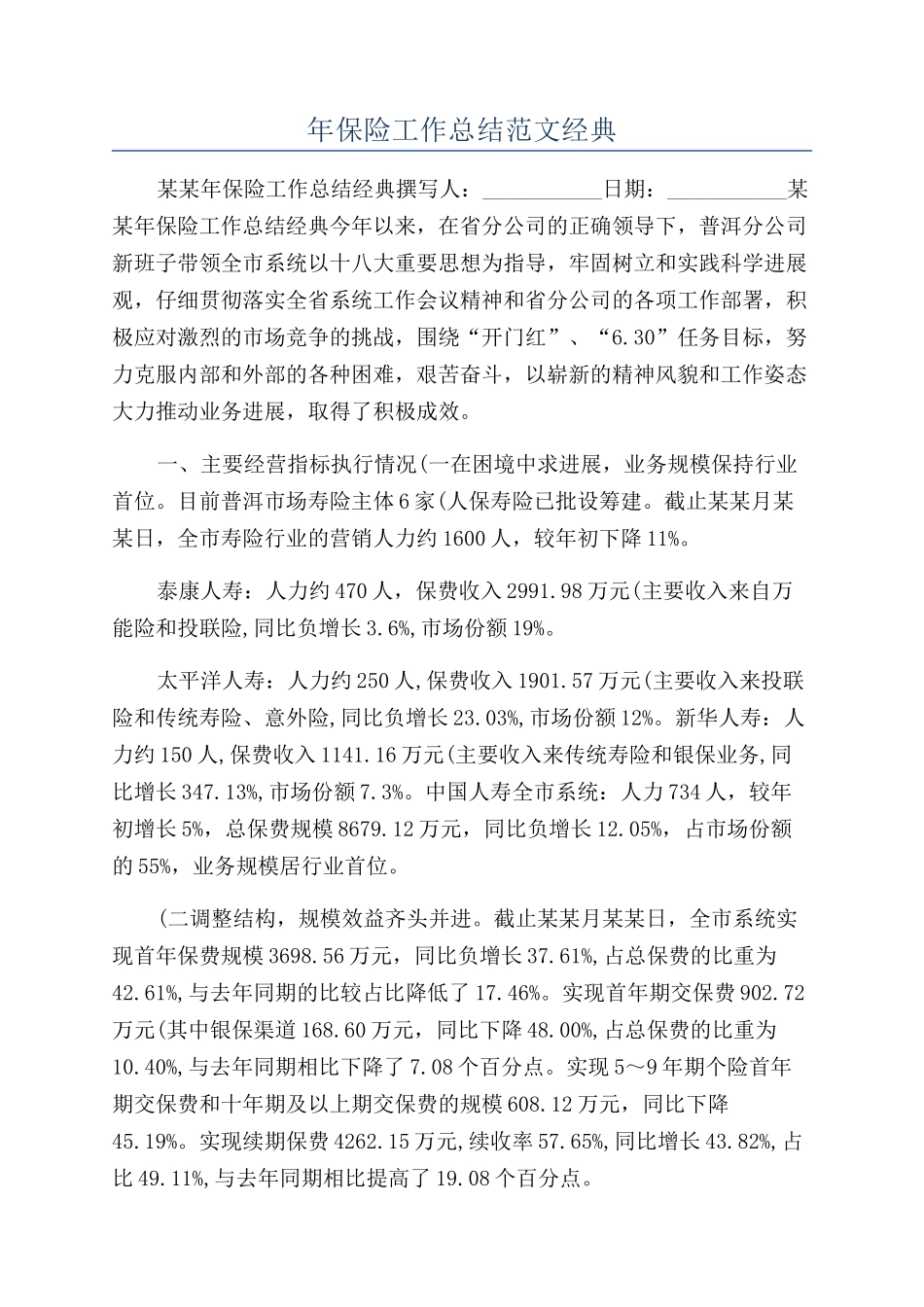 年保险工作总结范文经典_第1页