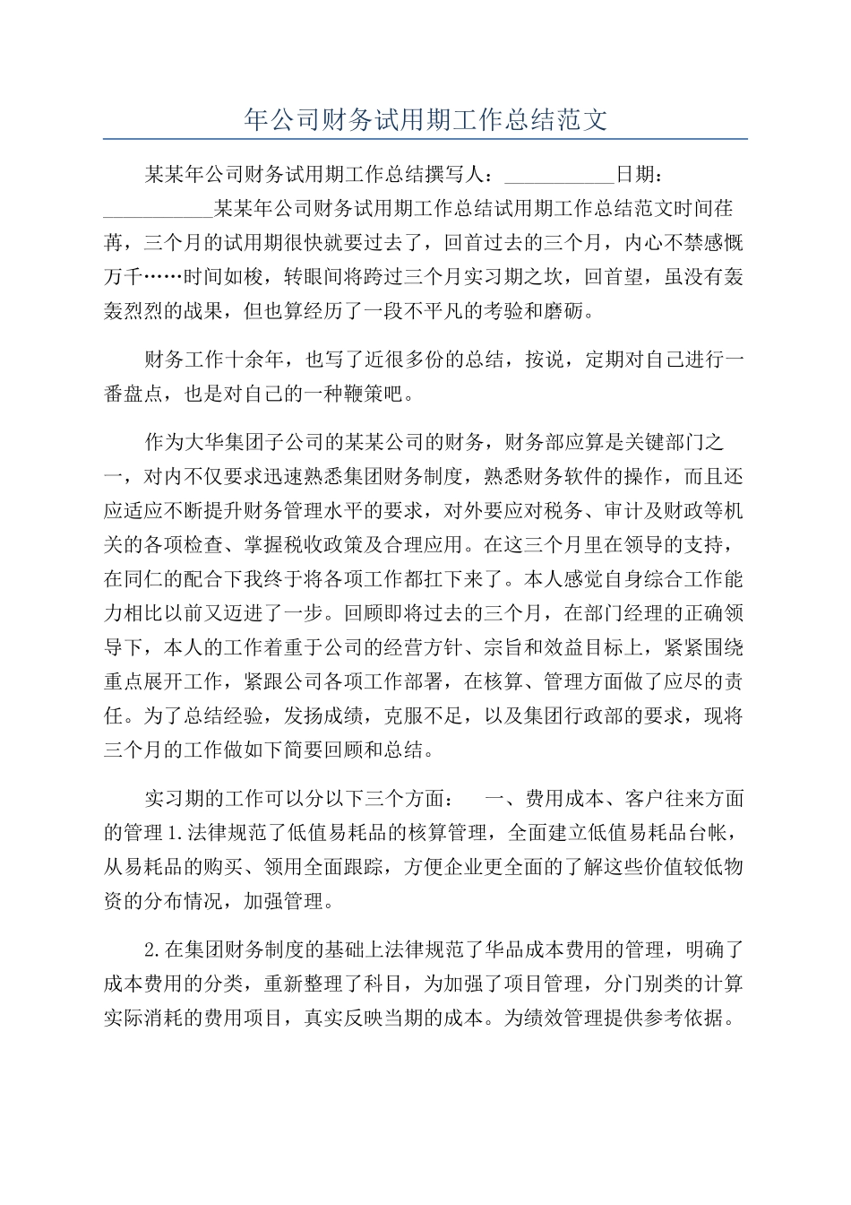 年公司财务试用期工作总结范文_第1页