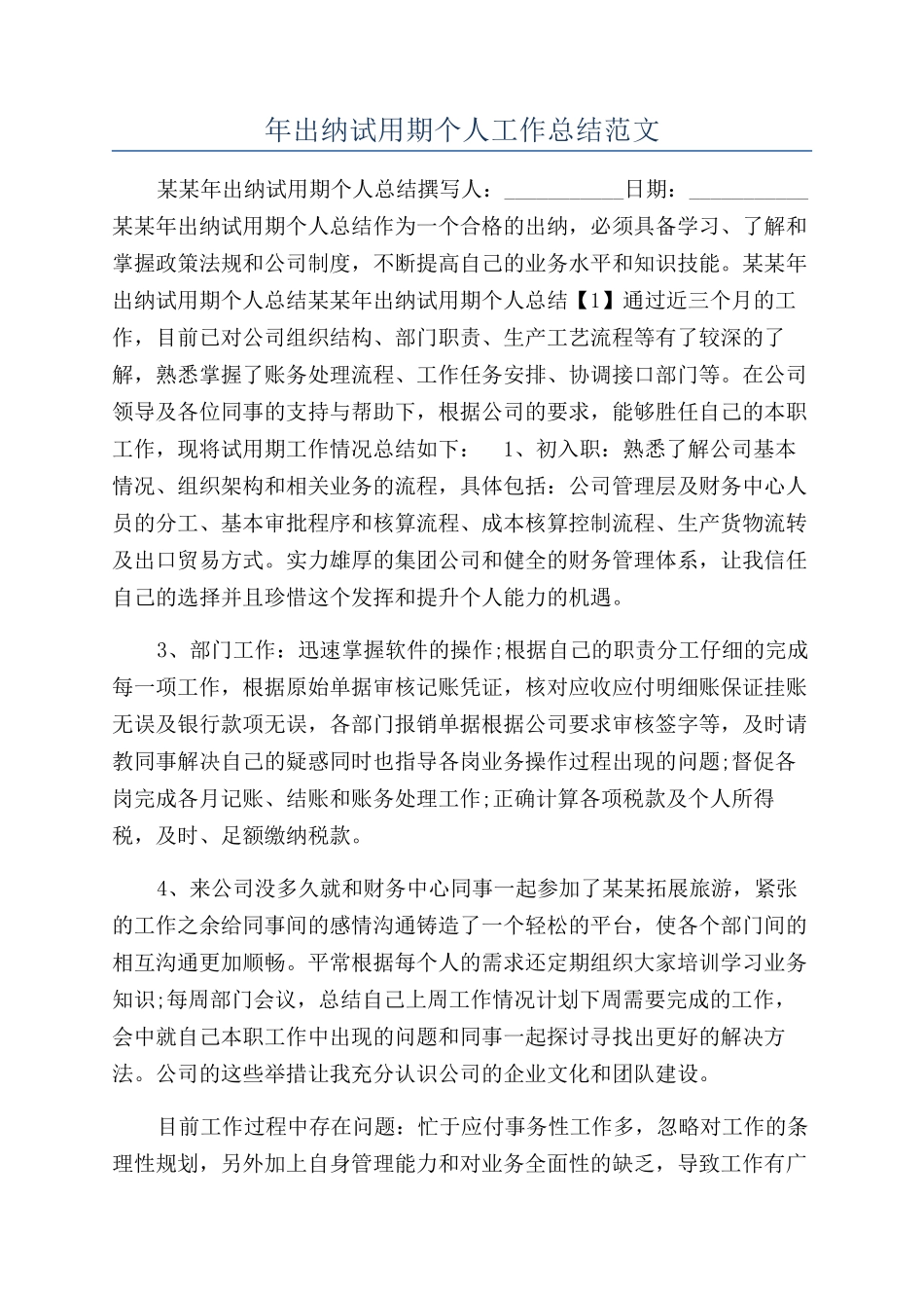 年出纳试用期个人工作总结范文_第1页