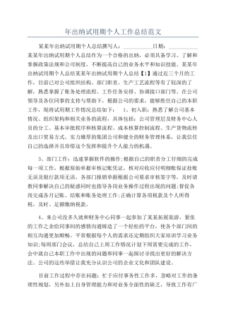 年出纳试用期个人工作总结范文