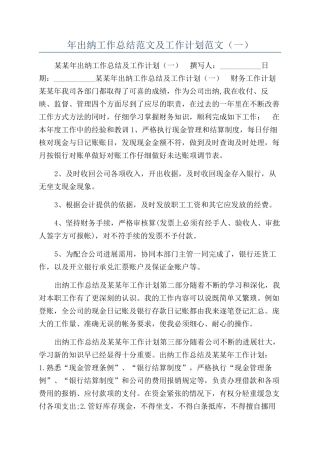 年出纳工作总结范文及工作计划范文（一）