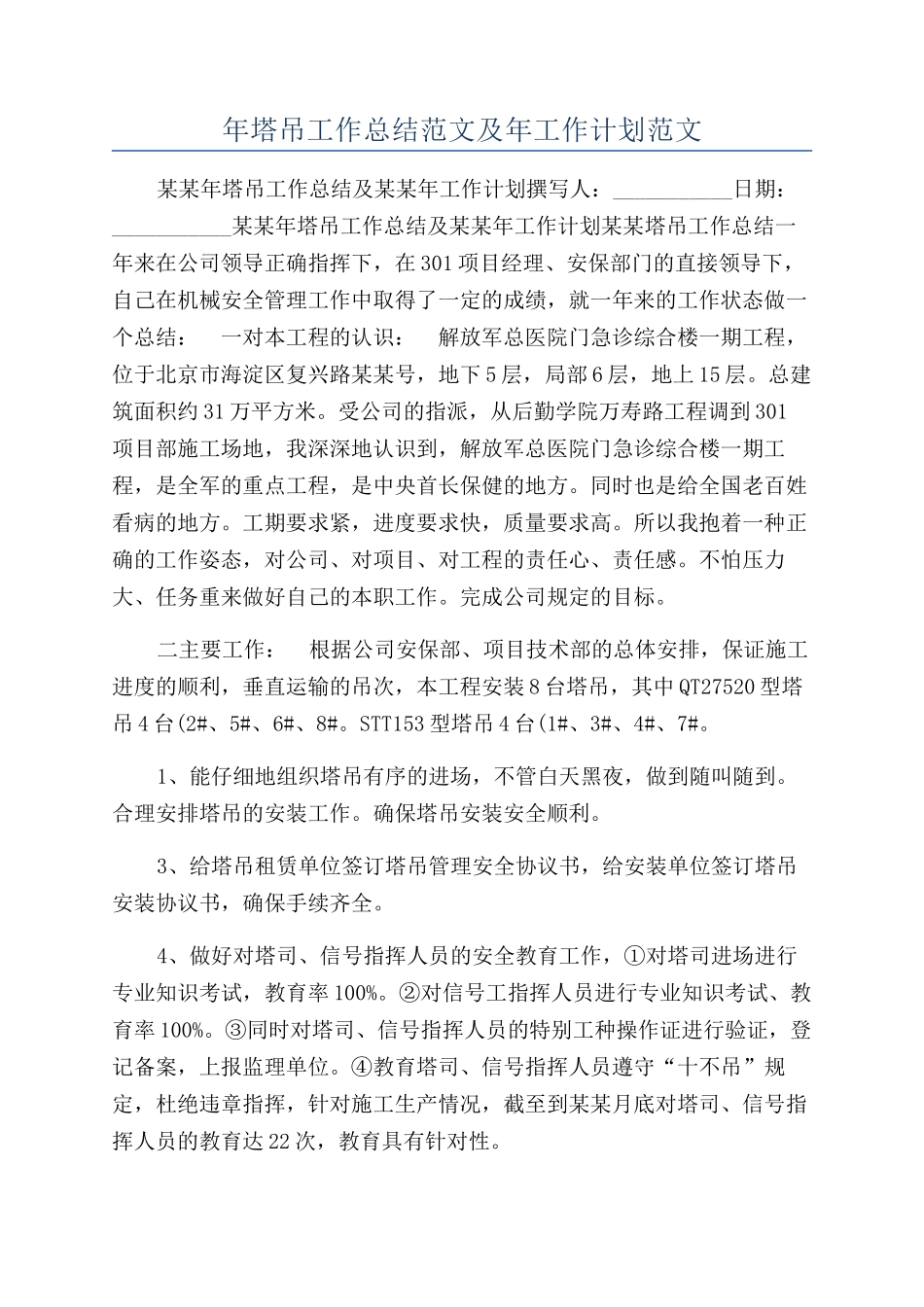 年塔吊工作总结范文及年工作计划范文_第1页