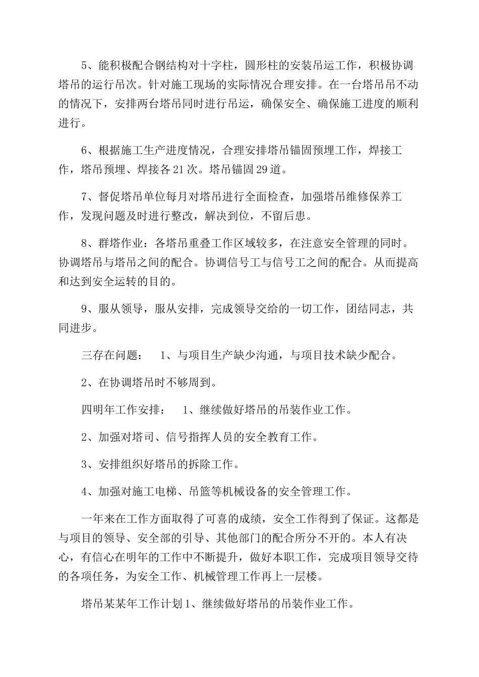 年塔吊工作总结范文及年工作计划范文_第2页