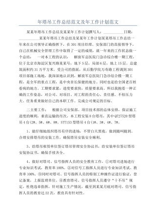 年塔吊工作总结范文及年工作计划范文