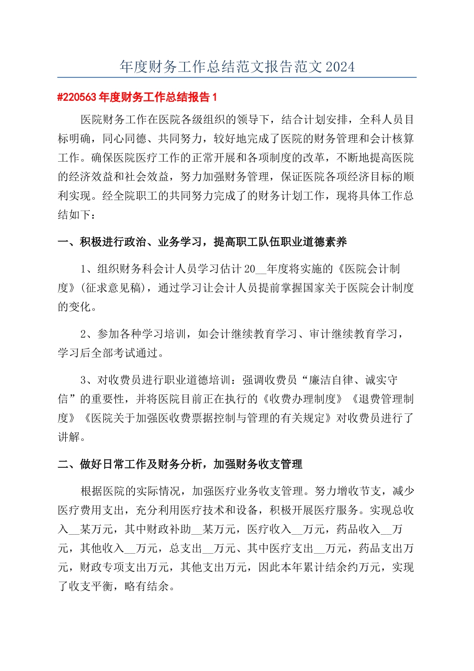 年度财务工作总结范文报告范文2024_第1页