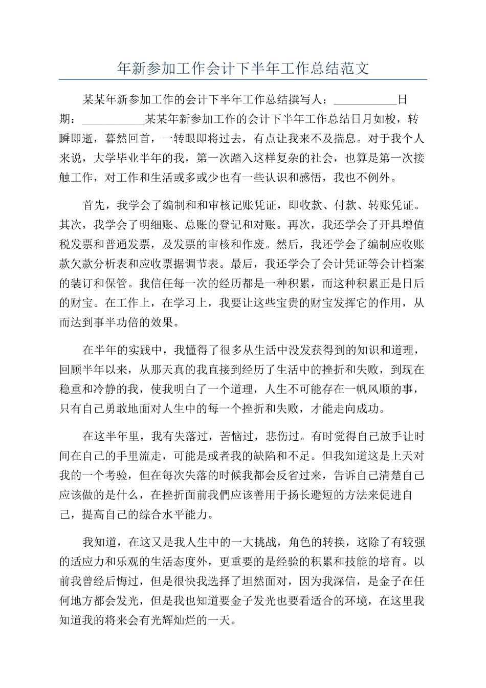 年新参加工作会计下半年工作总结范文_第1页