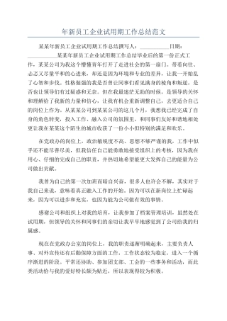 年新员工企业试用期工作总结范文