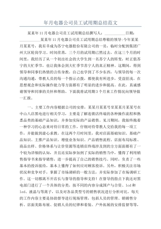 年月电器公司员工试用期总结范文