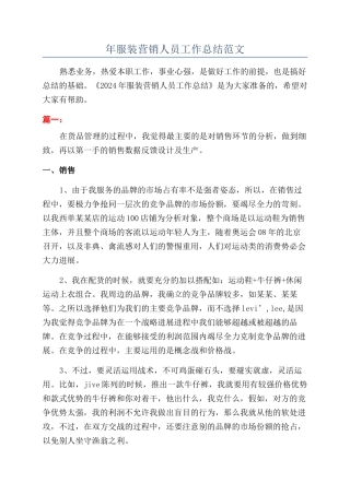 年服装营销人员工作总结范文